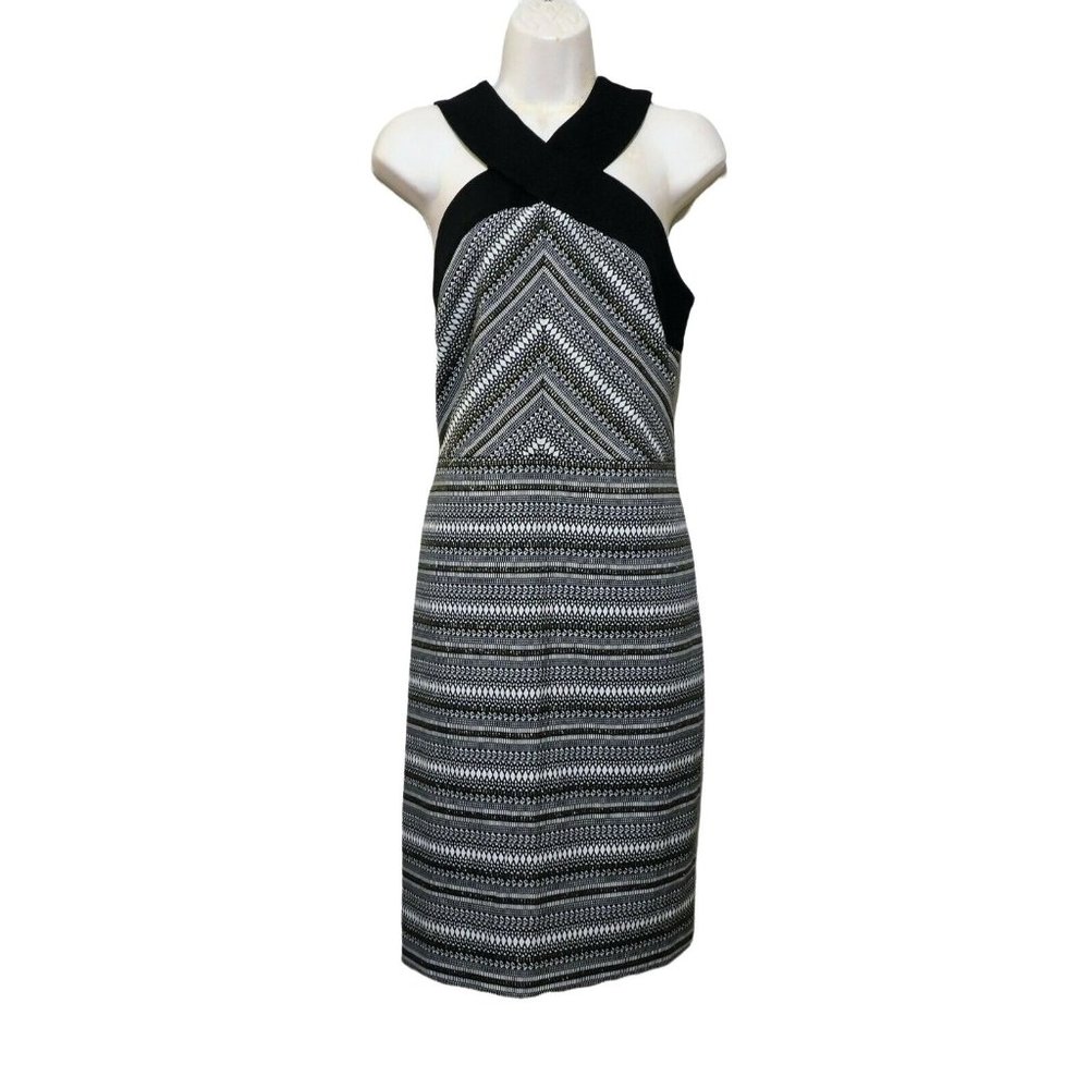 Laundry by Shelli Segal Dress 12 Black White Stripes Sleeveless Lined Polyester